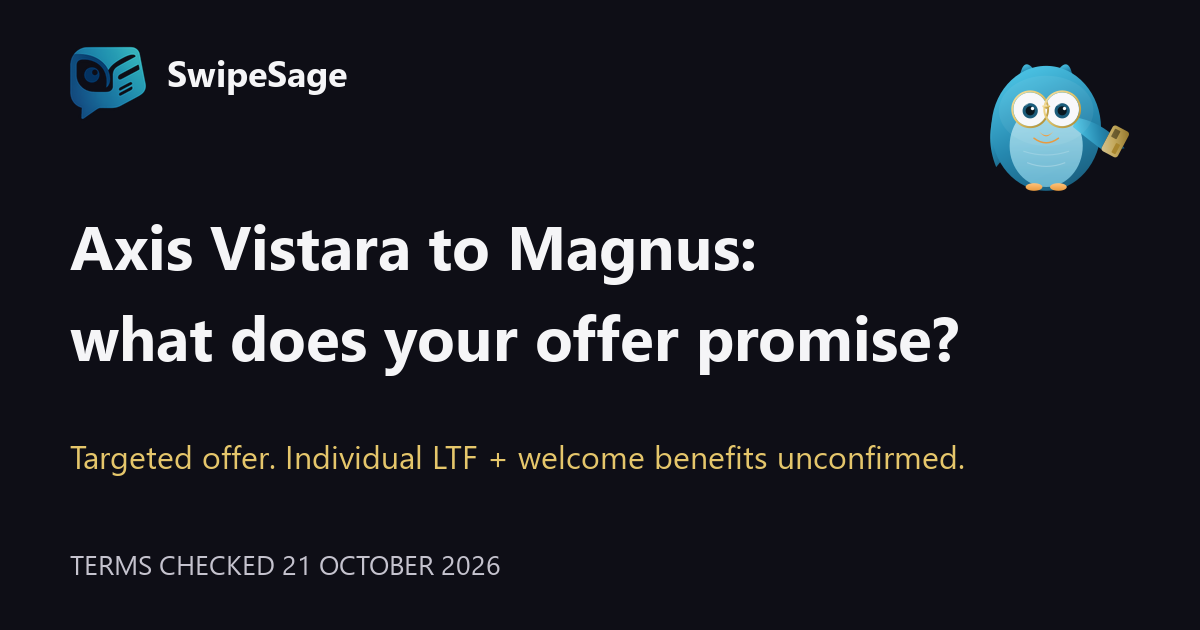 Axis Vistara to Magnus: what does your offer promise? Targeted offer. Individual lifetime-free status and welcome benefits unconfirmed. Official SwipeSage logo and Sage owl.
