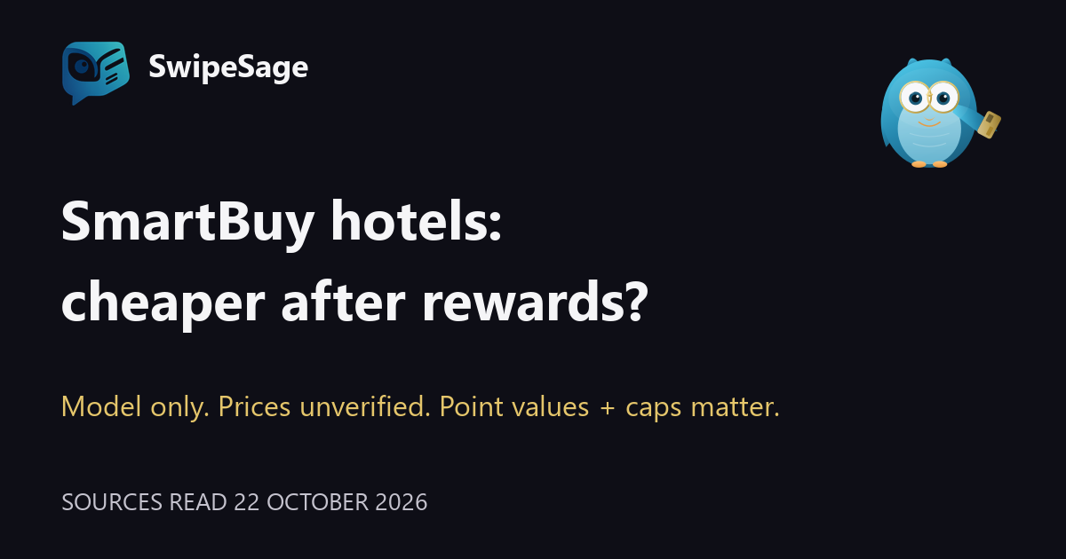 SmartBuy hotels: cheaper after rewards? Official SS logo and Sage owl. Model only; prices unverified; point values and caps matter.