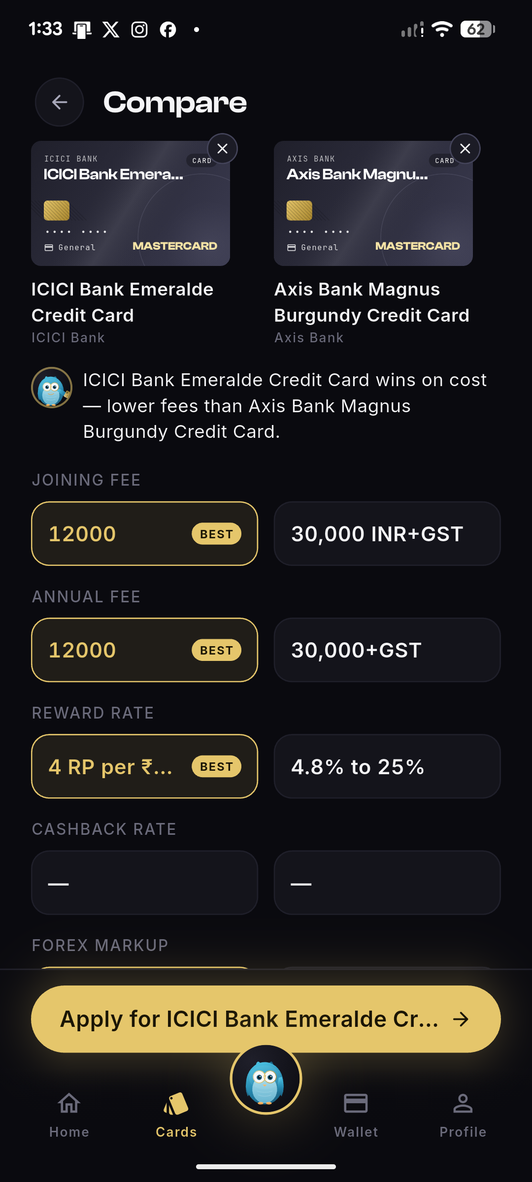 Compare two credit cards side by side