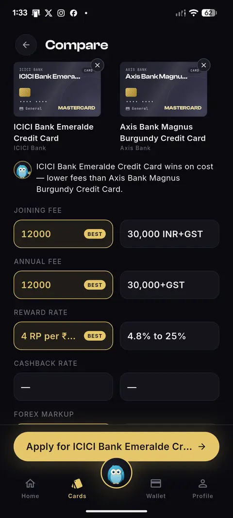 Compare two credit cards side by side