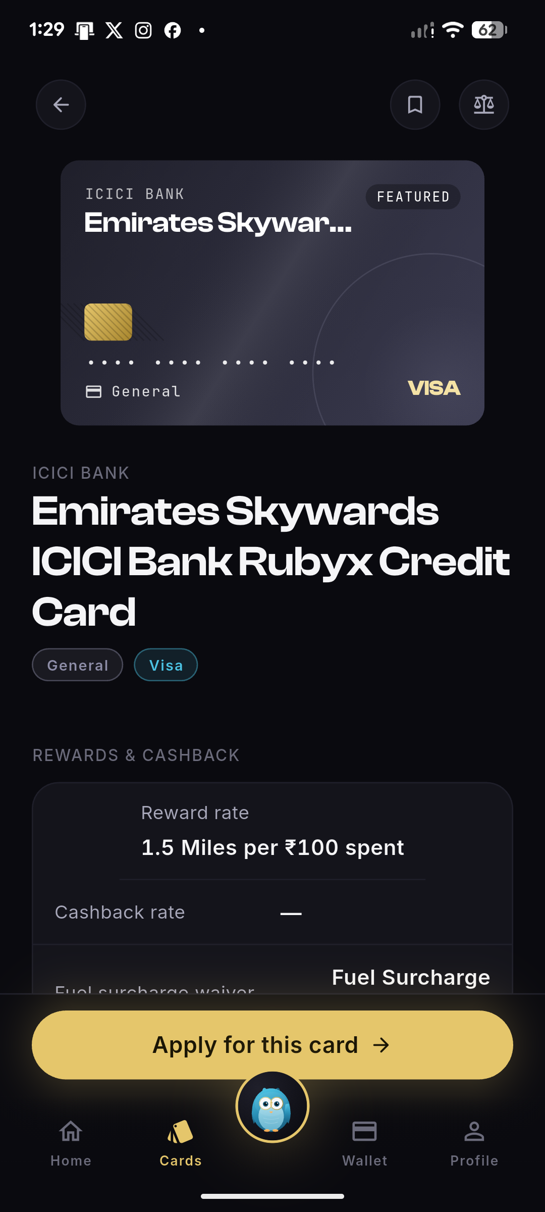 Card detail — rewards, fees and the fine print